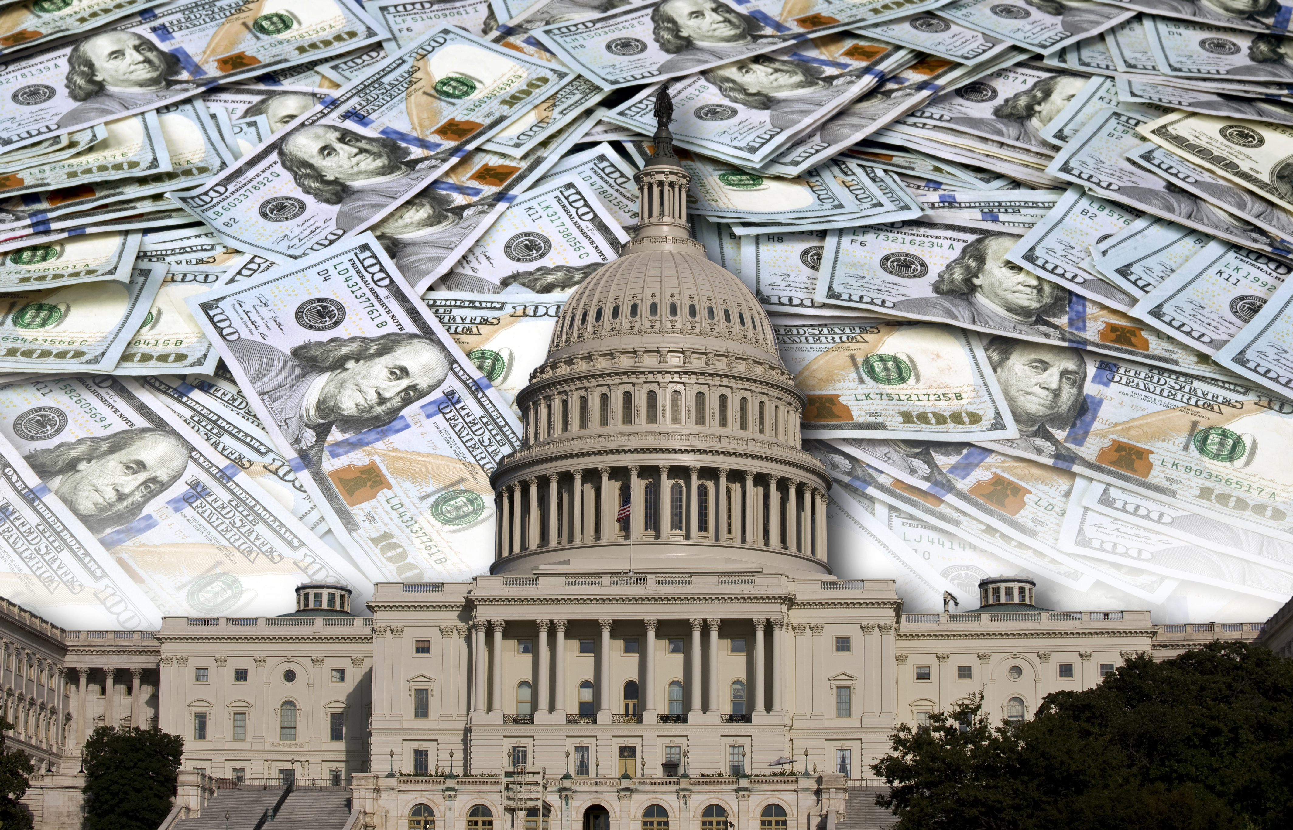 image of the US Capitol building with 100 dollar bills blanketing the sky above